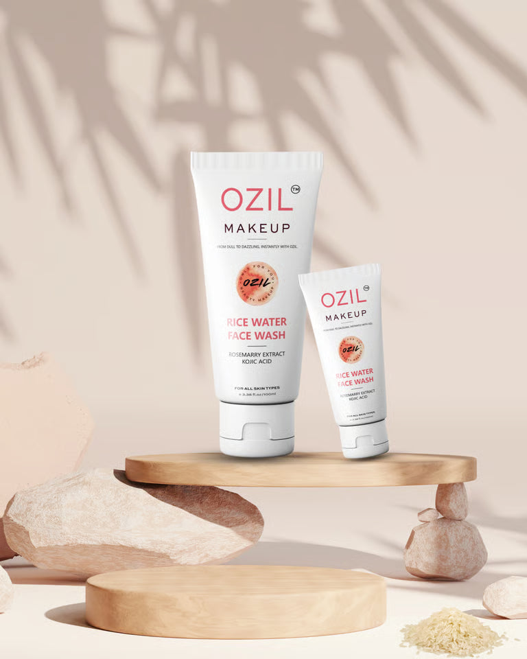 OZIL makeup rice water facewash products on a wooden stand with a neutral background
